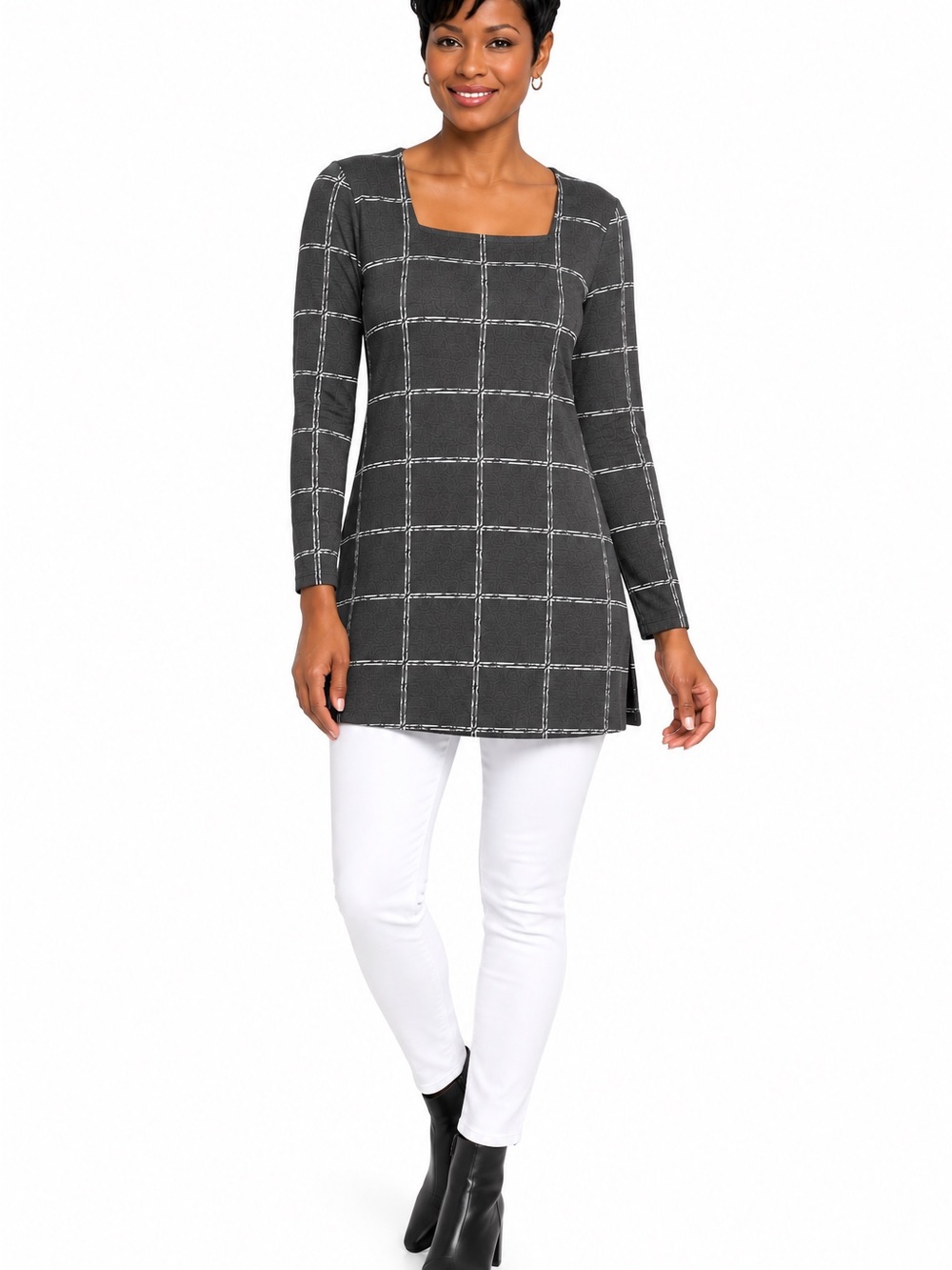 Christopher & Banks Tunic Top Size S Gray White Windowpane Plaid Long Sleeve